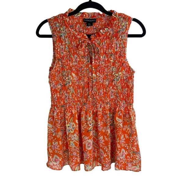 Cynthia Rowley Orange Tie Neck Floral Sleeveless Smocked Blouse Size M - Picture 1 of 7